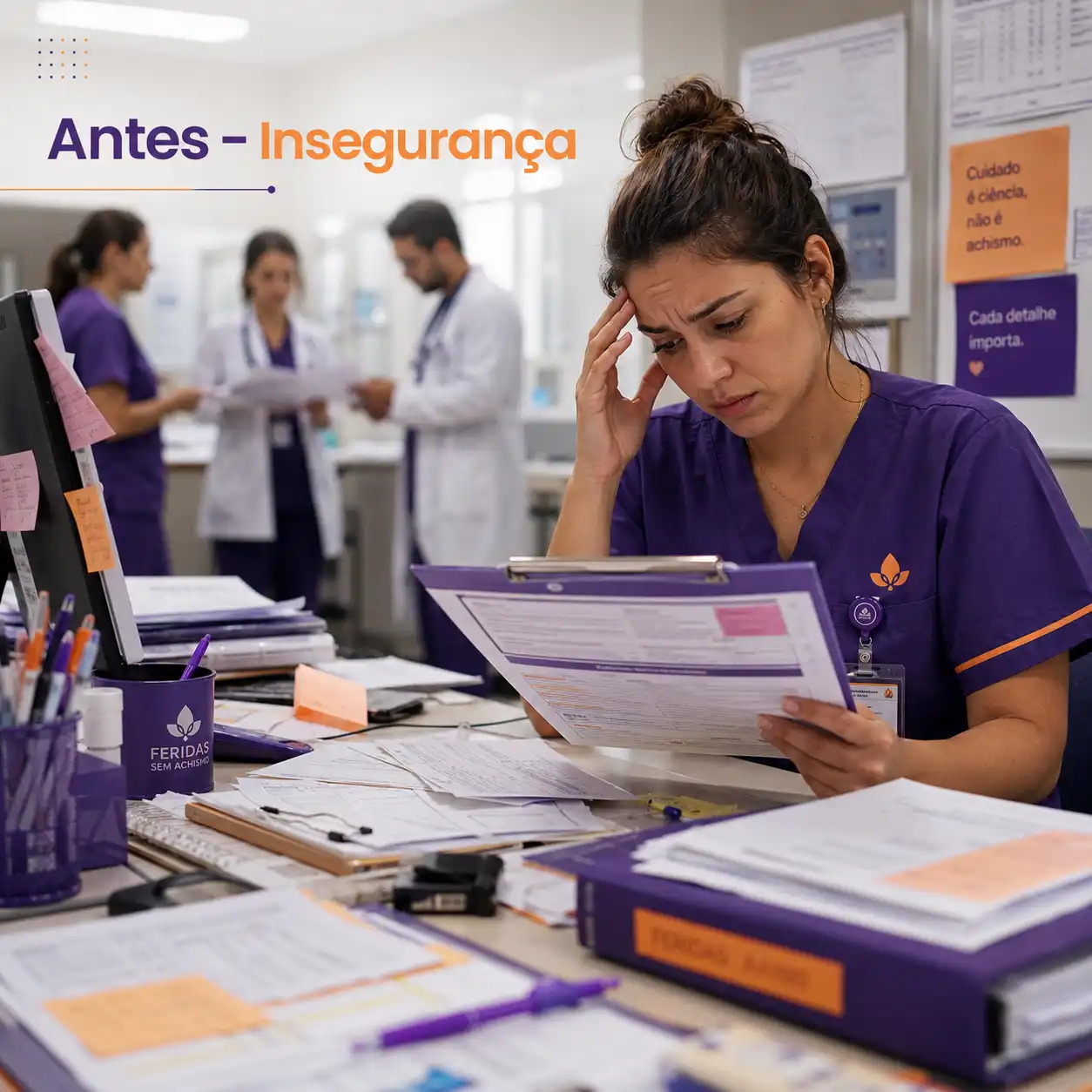 Antes — enfermeira sobrecarregada e insegura diante de fichas e papéis desorganizados