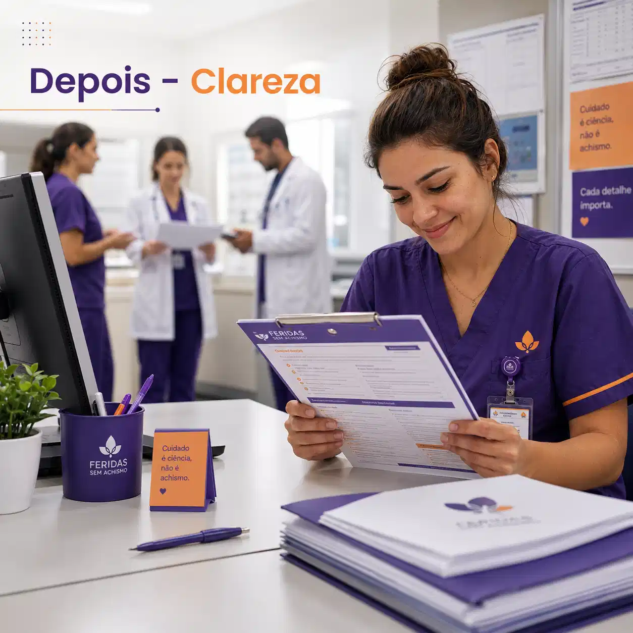 Depois — enfermeira tranquila e confiante com ficha clínica organizada